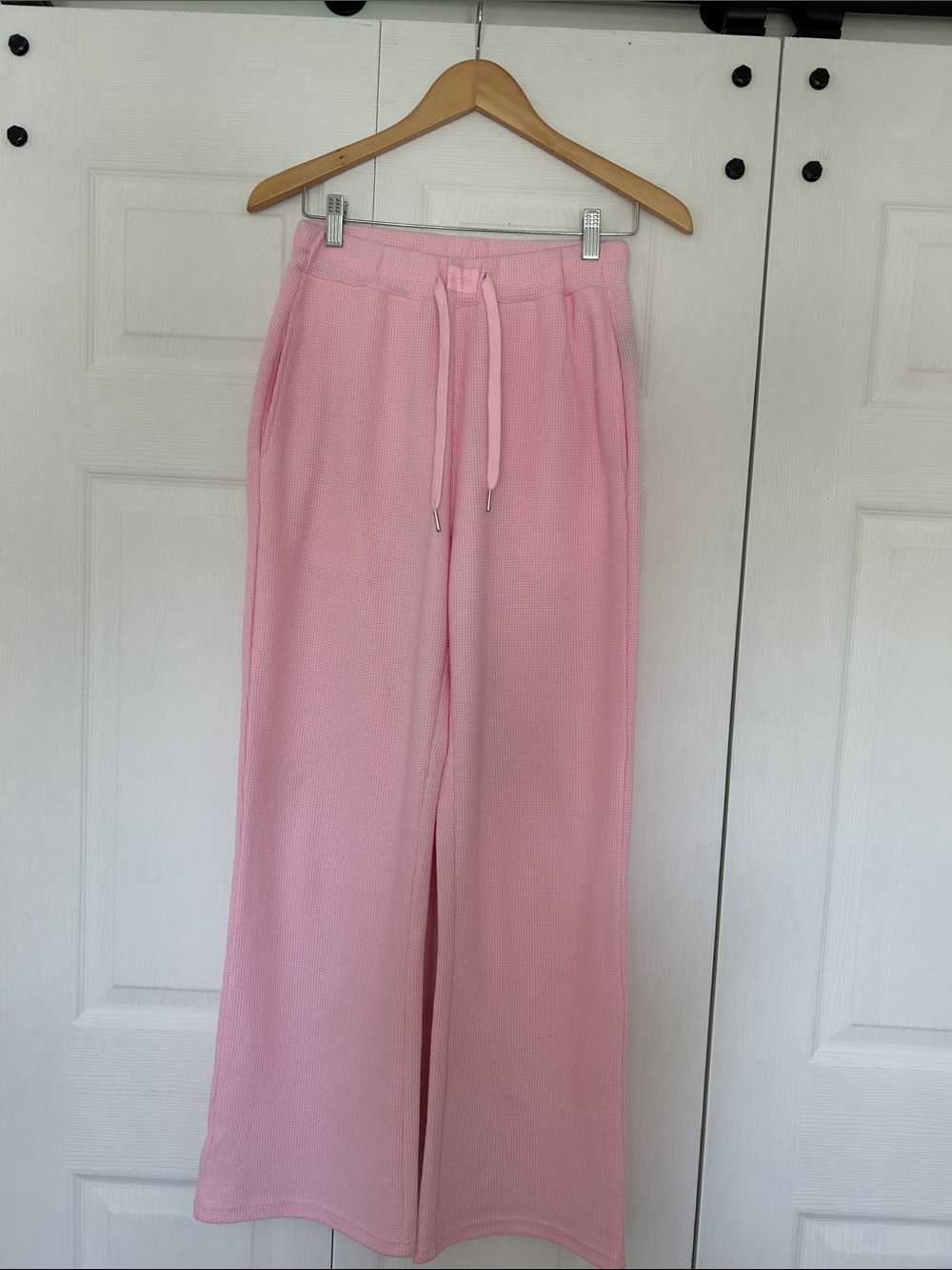 Comfrt- Waffle Knit Light Pink Wide-Leg Drawstring Pants